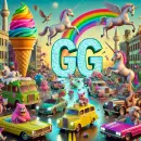 GG with flying unicorns and a rainbow