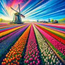 Vibrant Dutch scene with a windmill and tulips