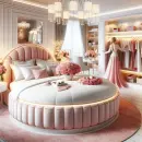 Pink bedroom with round bed