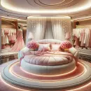 Bedroom with pink round bed and wardrobe