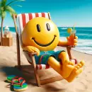 Smiley at the beach in a char with a drink