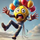 Scared smilie hanging from balloon