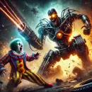 Battle between giant robot and a giant clown
