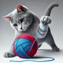 Gray cat playing with wool