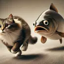 Cat running from a big fish