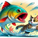 Cat running from a big fish