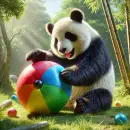 Joyful panda bear playing with a ball