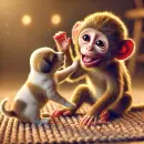 Monkey playing with a puppy