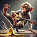 Monkey with a guitar slipping on a banana peel