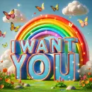 I WANT YOU with rainbows and butterflies
