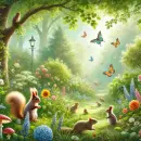 Serene cheerful garden with critters