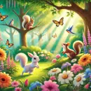 Serene cheerful garden with critters