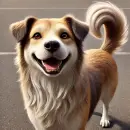 Dog wagging tail while smiling