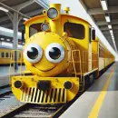 Yellow train with googly eyes