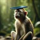 Monkey with a phone on its head