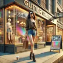 Fashionable lady in front of a Glitter Graphics store
