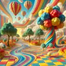 Surreal cheerful scene with balloons and tiles
