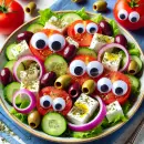 Greek salad with googly eyes