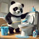 Panda cleaning a toilet