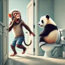 Monkey accidentally walking in on panda on the toilet