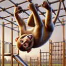 Monkey hanging from a frame in the playground