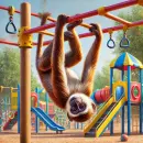 Monkey hanging from a frame in the playground