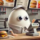 Egg with googly eyes working fast food