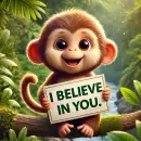 Monkey with a sign that says I BELIEVE IN YOU