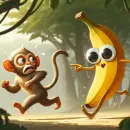 Monkey being chased by a banana with googly eyes