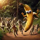Monkeys being chased by a crazy banana with googly eyes