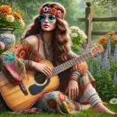 Flower power lady with a guitar