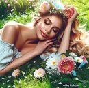 Woman sleeping amongst the Spring Flowers