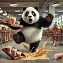 Panda tripping with a tray of drinks