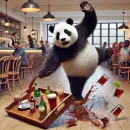 Panda tripping with a tray of drinks