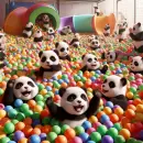 Pandas playing in a ball pit