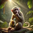 Monkey eating a banana with a finger in its nose