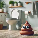 A doo doo with googly eyes next to a toilet