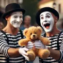Mime giving a teddy bear to another mime