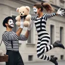 A mime giving a teddy bear to a happy lady mime