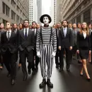Mime standing in a crowd of people with suits