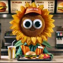 Sunflower with googly eyes working fast food