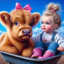 Cute girl and highland calf