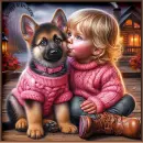 Toddler kissing shepherd puppy