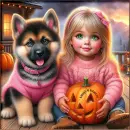 Toddler, Dog and pumpkin