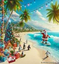 Santa on a Surfboard at the Beach