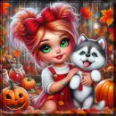 Little Autumn Girl with husky dog