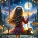 Little girl & kitty on swing