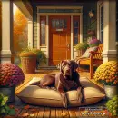 Chocolate lab resting on porch