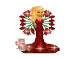doll with red dress , roses and a cat