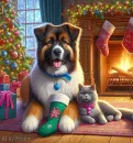 beautiful dog and cat/winter Christmas